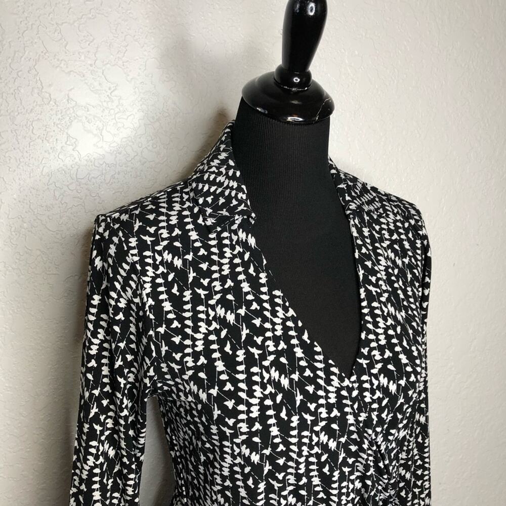 Brooks Brothers black white bird print faux wrap midi dress size Small - Picture 2 of 16